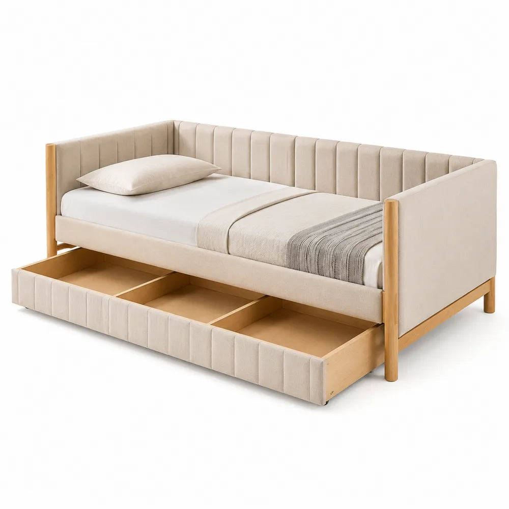 Łóżko dzienne tapicerowane z szufladami beżowe 200x90 cm