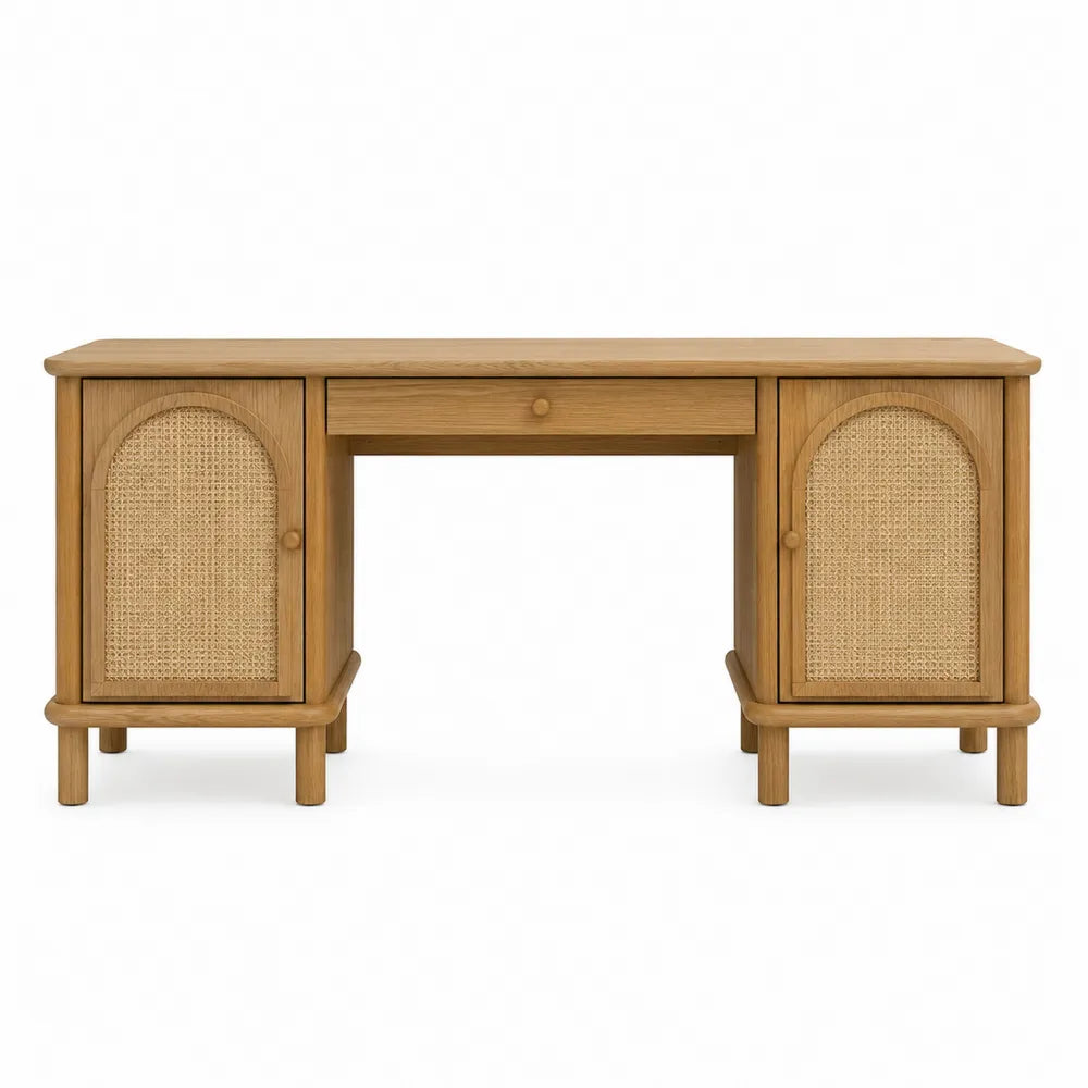 Biurko drewniane z rattanu 140x60x75 cm brązowe