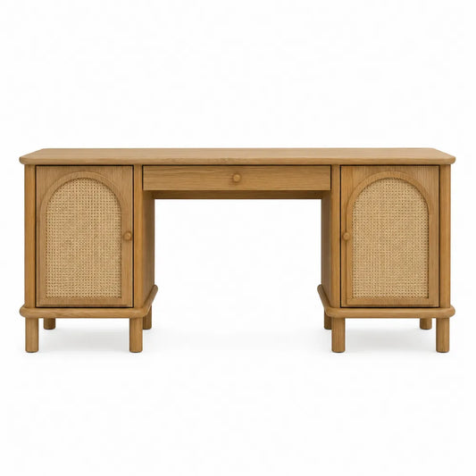 Biurko drewniane z rattanu 140x60x75 cm brązowe