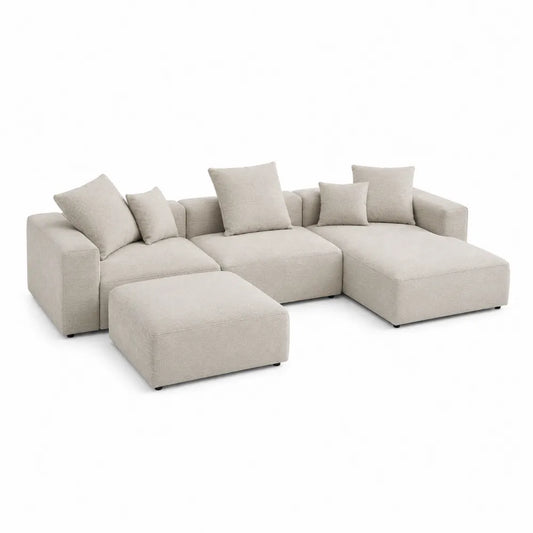 Sofa narożna modułowa z tkaniny beżowa z poduszkami