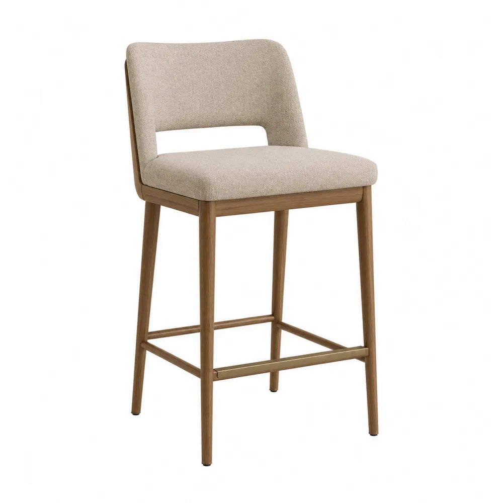 Krzesło barowe z oparciem tapicerowane tkaniną z drewna dębowego beżowe
