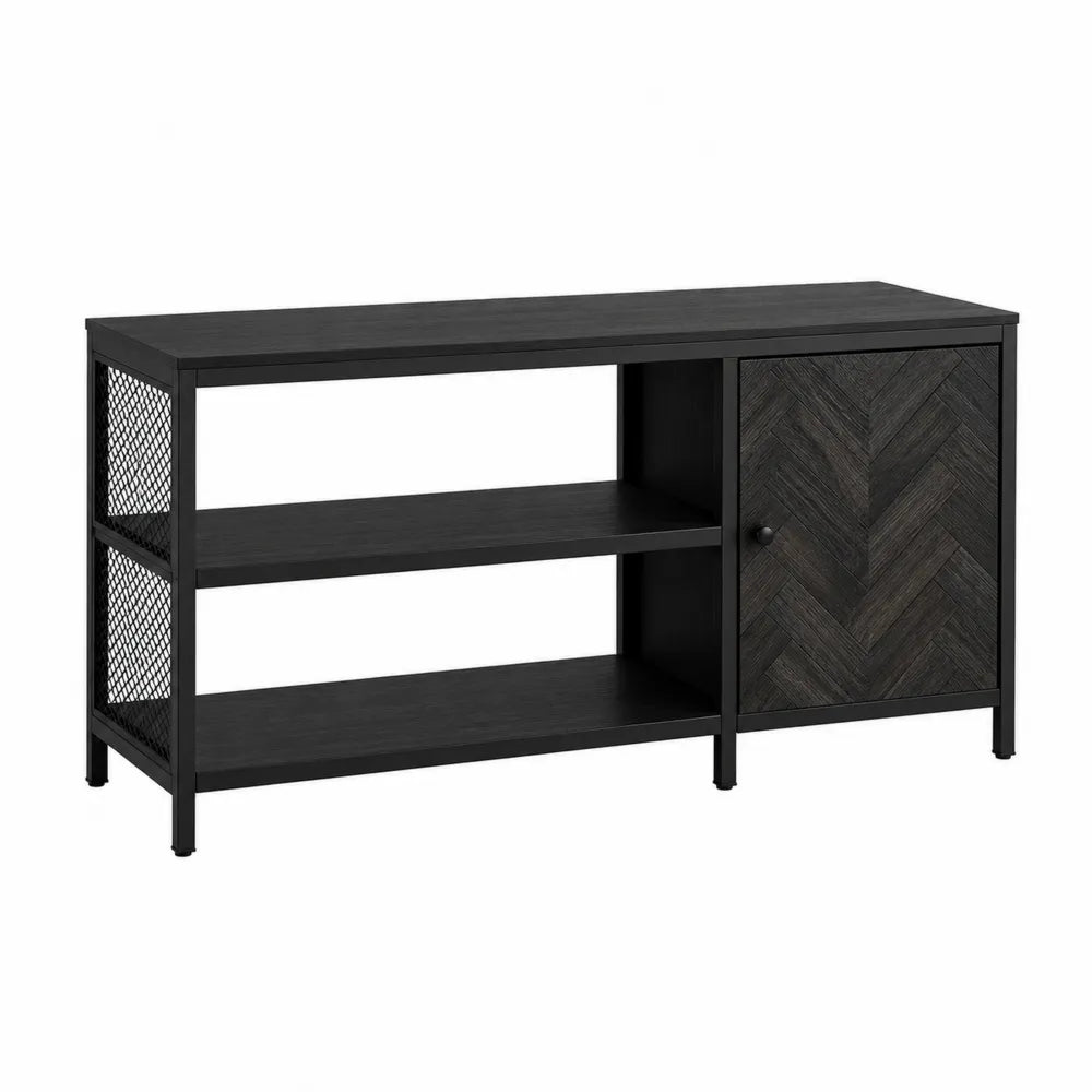 Metalowa konsola z drewnianą szafką i półkami 120x40x70 cm czarna