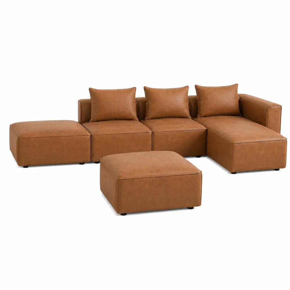 Modułowa sofa narożna z ekoskóry z pufem, brązowa