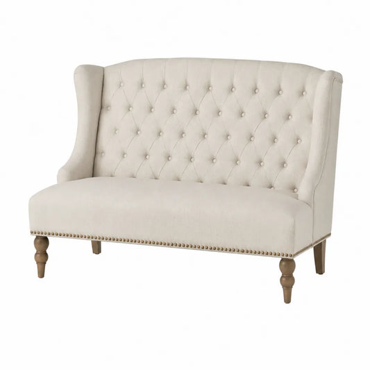 Sofa dwuosobowa z tkaniny lnianej, kremowa