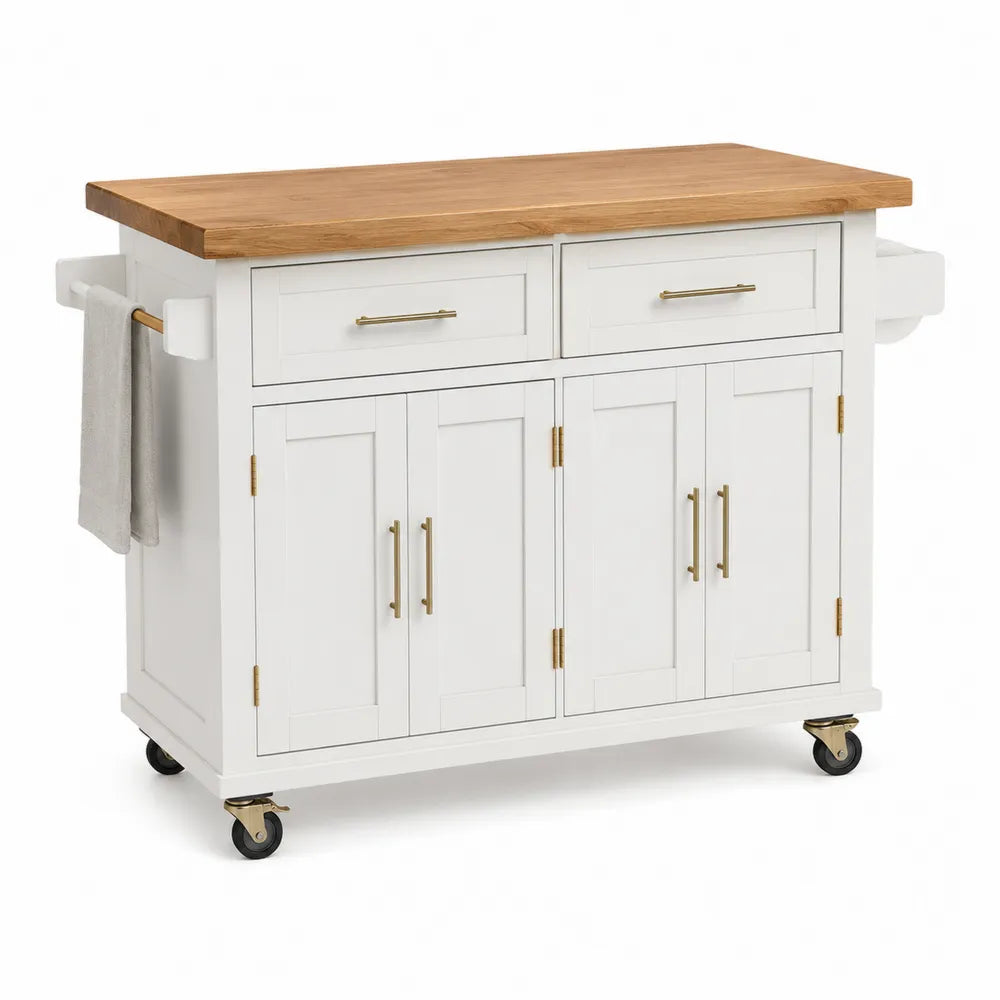 Kuchenny wózek biały z dębowym blatem i szafkami